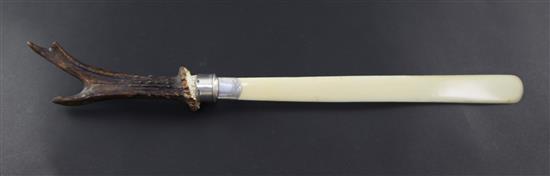A Victorian ivory and horn handled silver mounted paper knife, retailed by Rowland Ward & Co, 166 Piccadilly, 18in.